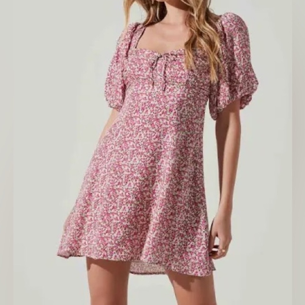 Astr Floral Print Puff Sleeve Dress Magenta Lime Ditsy XS - Picture 2 of 14